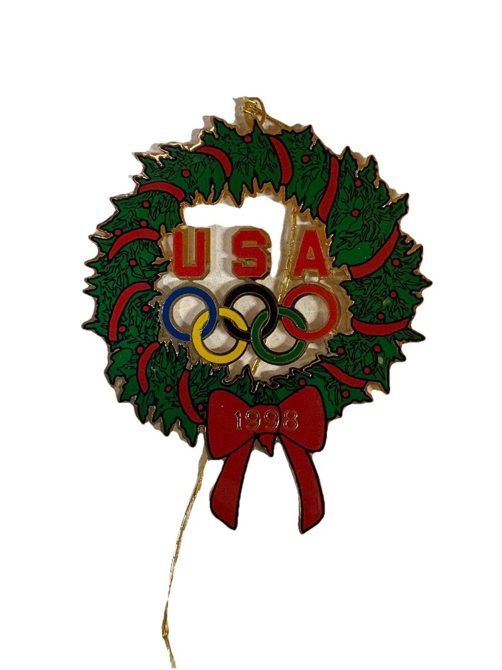 Vintage 1998 USA Olympics Christmas Wreath Metal Ornament
